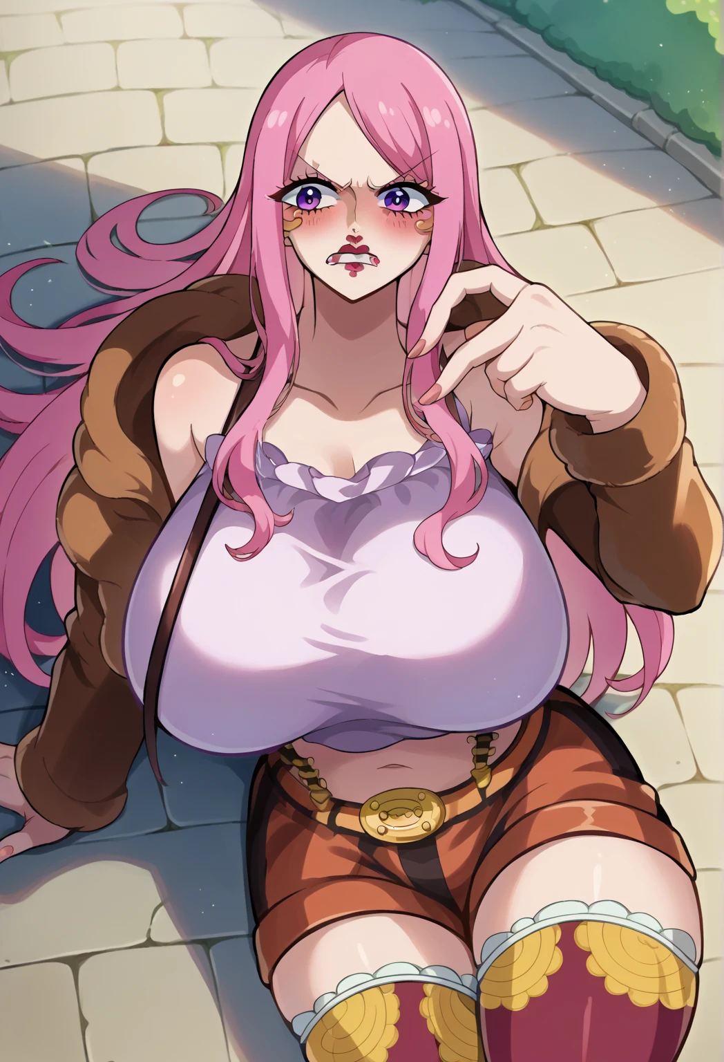 Masterpiece, best quality, Masterpiece, best quality, 1 woman , Long pink hair , purple eyes , sly face , naked , big breasts , abdomen , Put your hands on your hips. , alley ,