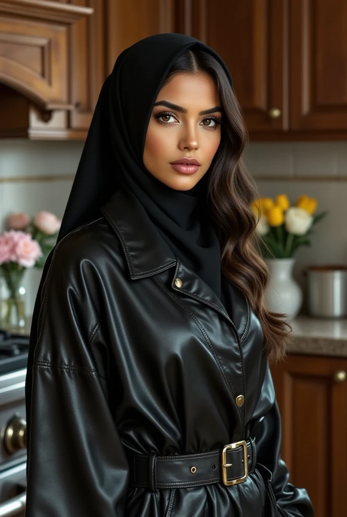 A beautiful 1 girl wearing a black hijab is taking a selfie with her face very close to the screen. Her expression is mature and elegant, exuding a sophisticated aura. She is dressed in a white crop top that highlights her curves, paired with a black mini skirt that adds a sexy and fashionable touch to her look. Her outfit and pose reflect a highly stylish and confident appearance.
