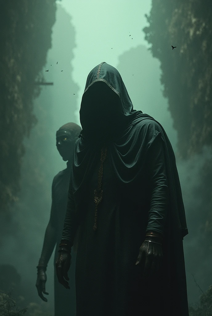 Create me two people kneeling being pointed at by a person with a gun inside a cave, both kneeling badly wounded, the other masked person pointing at them, two men, twin brothers, one with a beard and the other without hair