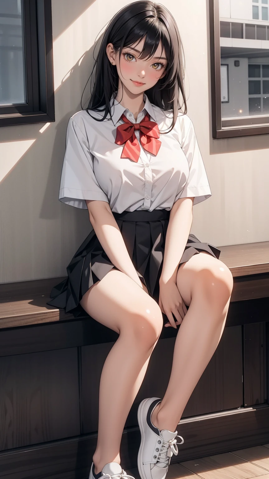 1girl, bare legs, black hair, blush, bow, bowtie, closed mouth, collared shirt, dress shirt, flashing, white shirt, hair between eyes, indoors, knee up, lips, long hair, looking at viewer, miniskirt, pleated skirt, red ribbon, reflection, , shiny skin, shirt, short sleeves, sitting, skirt, large breasts, smile, sneakers, solo, yellow eyes, masterpiece, best quality, highres, official art, extremely detailed cg unity 8k wallpaper
