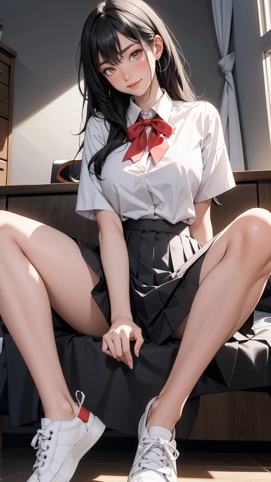 (8k, RAW photo, photorealistic:1.25) , teenager, school girl, school uniform, pleated mini skirt running up legs, (spread legs), men standing behind the girl, white thick liquid on face
