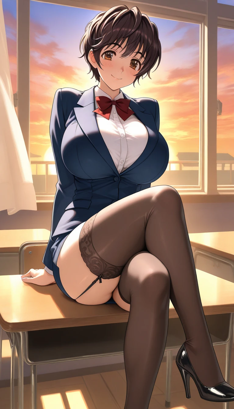 masterpiece, high resolution, anime wallpaper, 1girl, solo, nobara_jjk, brown hair, short hair, brown eyes, full body, pin up pose, full body, cleavage <lora:nobaraJujutsuKaisen_v1:0.7>
