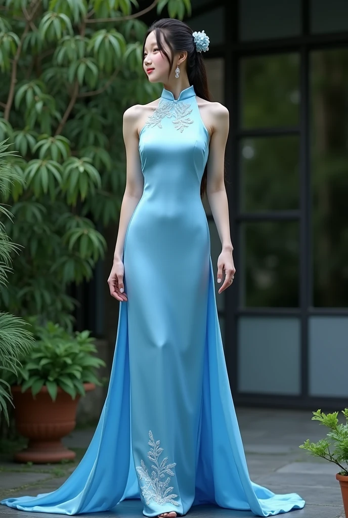 There is a blue dress, 16 long legs, a woman sitting on a rock in the water, standing elegantly on a lotus flower, ethereal beauty, wearing a blue cheongsam, court, a girl in Hanfu, wearing a blue cheongsam, full of fairy Xia, in the pond, white Hanfu, a stunning young ethereal figure, flowing dress, light blue, hair behind ear