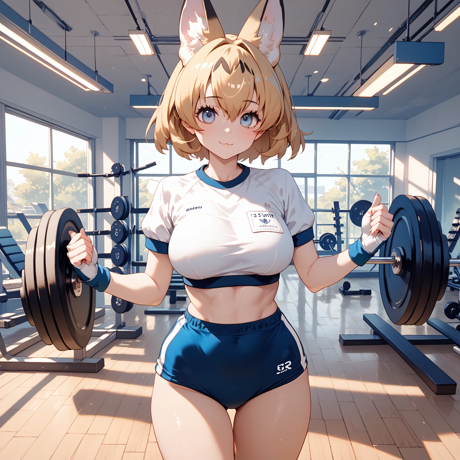 a T-shirt illustration of Sonic the hedgehog lifting weights in the gym