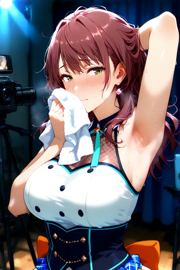 masterpiece, highest quality, 1 girl, (whole body), Miku, (brown hair), shy, (long eyelashes beautiful makeup), naked apron,indoor,kitchen,blush,Hold your chest between your arms to create a cleavage,slouch,peek from below