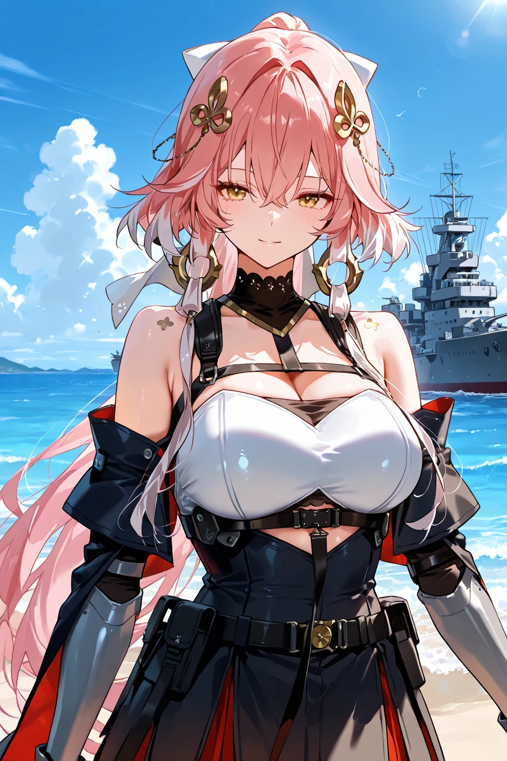 masutepiece, Best Quality, High resolution,Berserker 2, Flag pattern suit, 1girl in, huge long breasts, Naughty big、Big breasts emphasis, Solo,  Long hair, Sword, skyporn, Open mouth, Smile, Looking at Viewer, Blue sky, day, cloud, Holding, ocean, Belt bag,