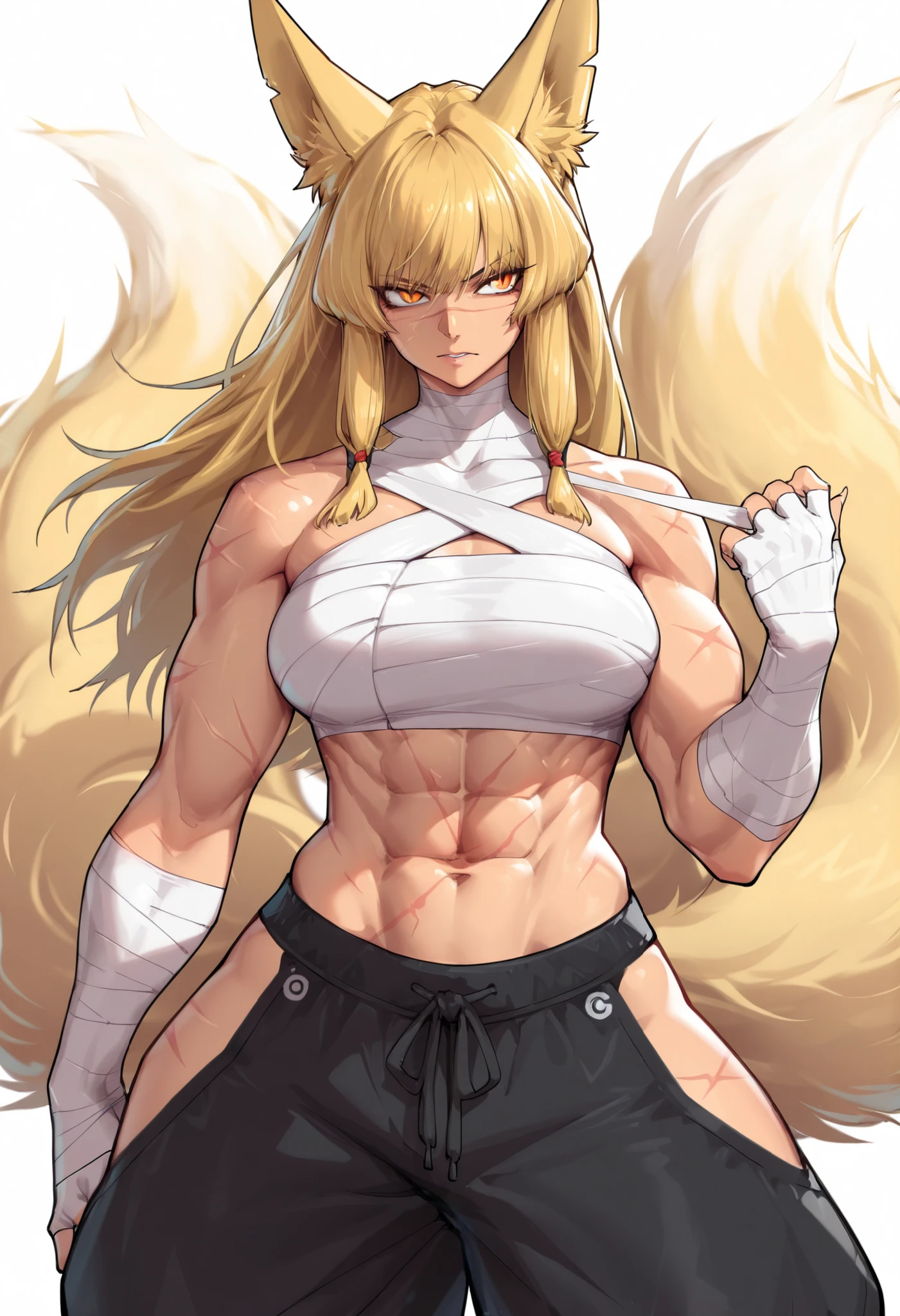anime waifu bodybuilder, beautiful face, smiling face, perfect body, fit body, looking at the viewer, posing with strong arms, abdomen, large breasts, muscular, ((hair) long and blonde), ((clothing) white color tight swimsuit, torn), (torn cape at the tip covering the body of black color, and hood covering the head of black color), character A2,  (white and torn bandages on the arms and legs), (((bottom view)))