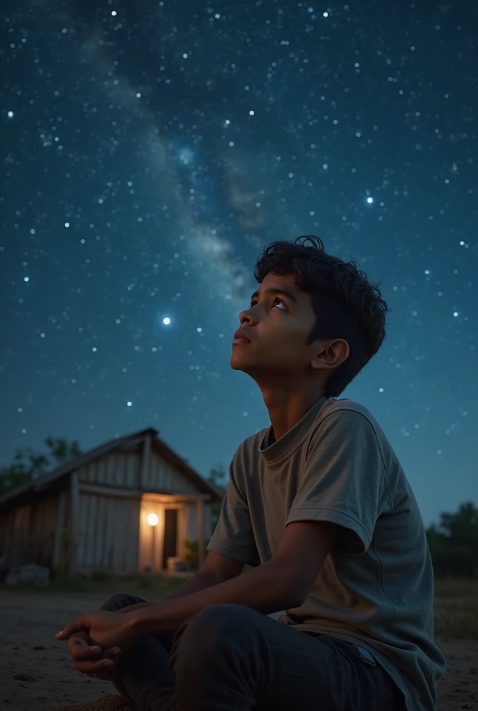 night sky, A boy with black hair and dressed as an adventurer looking up at the sky in a green meadow