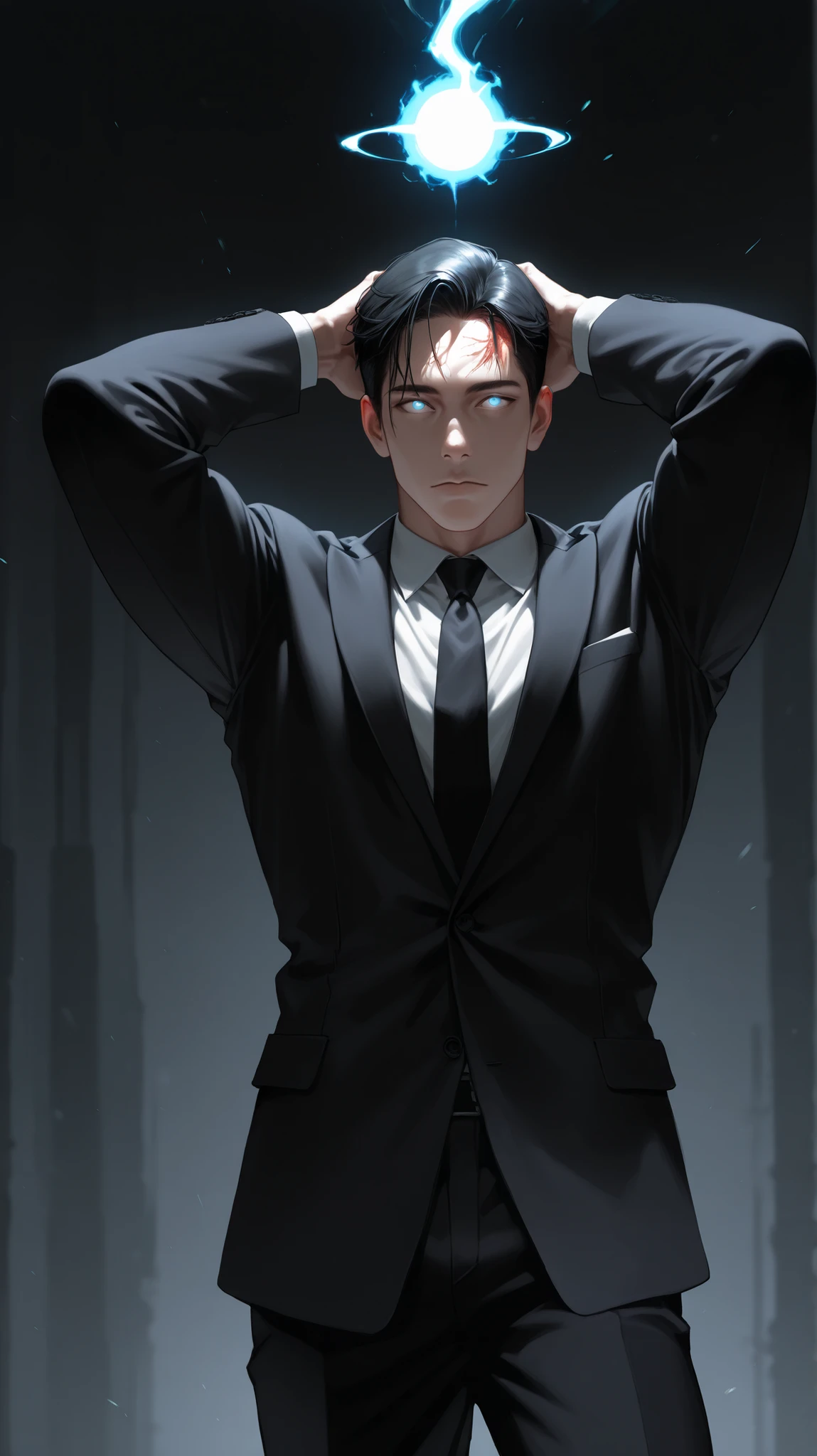 very aesthetic, 걸작, 고해상도, 8k 해상도, high contrast, (semi-realistic), newest, koreanai, best_quality, finely_detailed_eyes_and_detailed_face, (1 man, masculine), bald, muscular, tall_height, black_hair, expressionless, suit, telepathic powers, hands near head, glowing eyes, psychic energy radiating from head, focused expression, energy ripple from forehead, floating slightly, psionic aura, mental wave effects, circular energy patterns around head, mystical glow, cinematic lighting