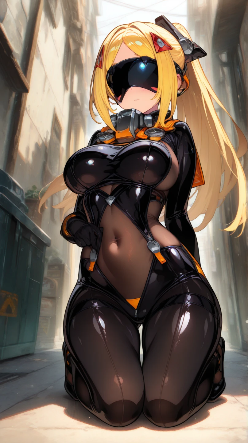 african american woman, blond hair, sexy body, curvy, white body suit with black cross, exposed shoulders, cleavage, exposed thighs, exposed hips, white thigh highs, green eyes, white skull teeth mask, sfw, sexy, white desert background, night, dark skin, ebony