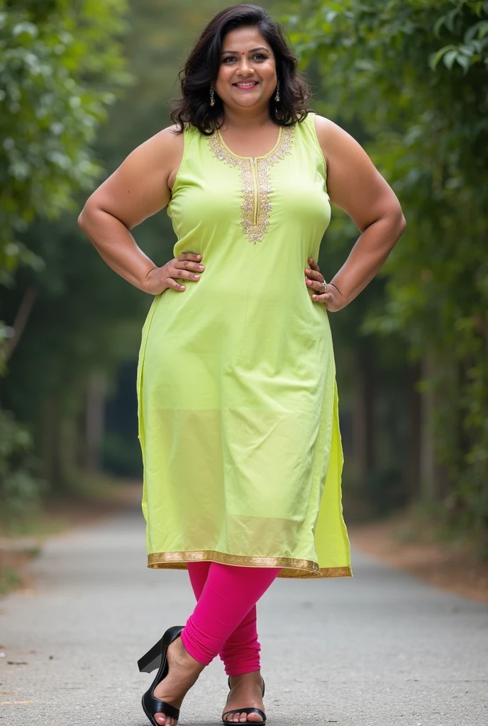 Garden scene, A radiant, full-figured South Indian 35 year old aunty a green colour chiffon mini frock , standing, in a garden, captured in a full-body image with vibrant hues and meticulous details. Full body image