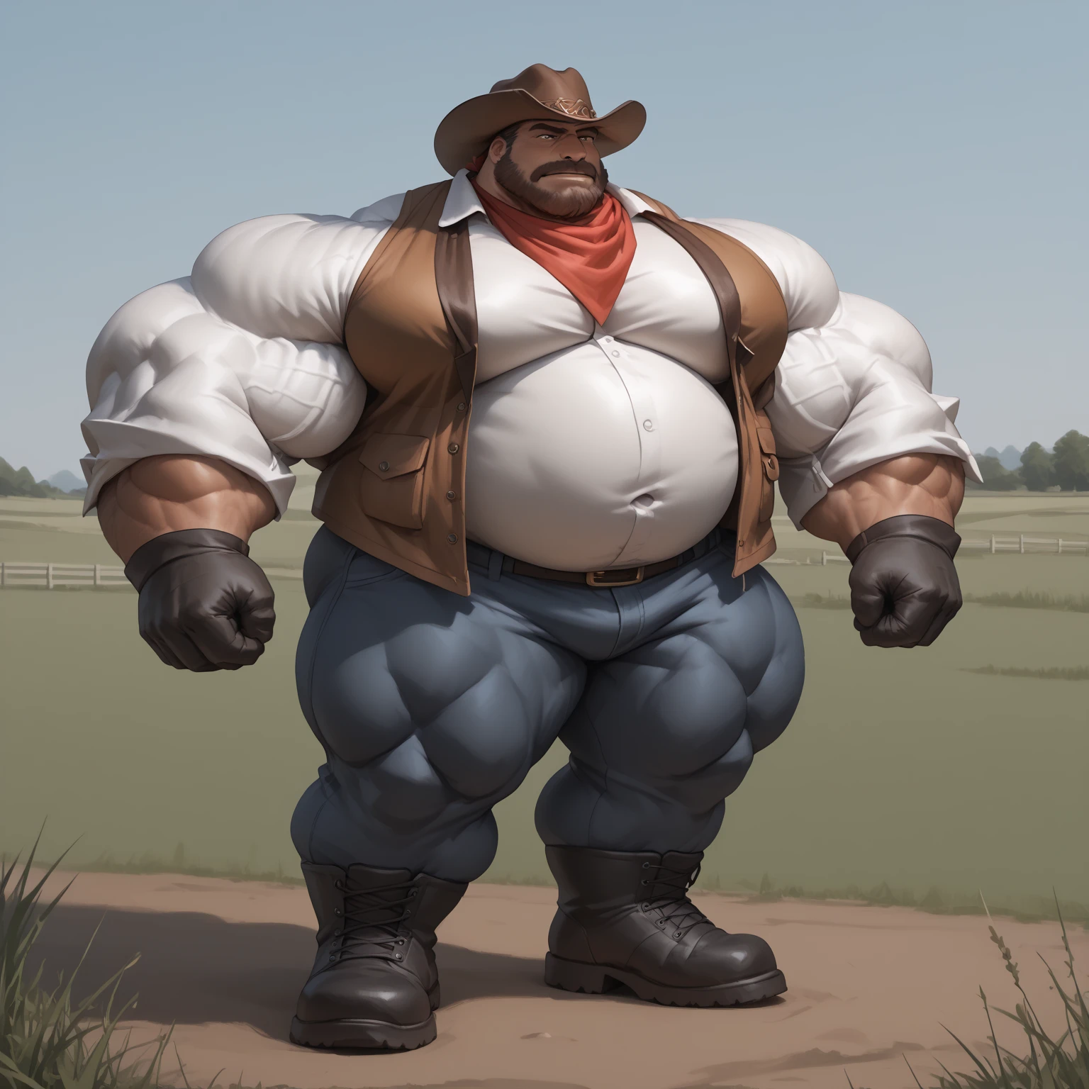 Pig,dark gray skin, Full body portrait of an individual, exquisite,round face,scruffy beard, chubby,thick arms,sweaty,pastures,Cowboy,faded and torn denim overalls,bare chest, hairy pecs, bulge,leather boots,stand,hands on hips,Sneer, leaning back with arms draped over fence