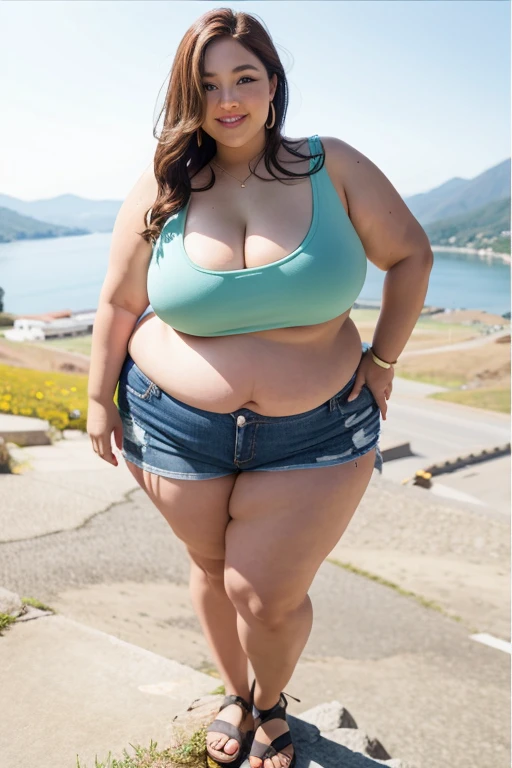 ((Best Quality, 8K, Masterpiece: 1.3)), Chubby woman smile  ((best quality)), ((masterpiece)), (detailed), perfect face, USA woman fat in a dark-blue shirt and blue denim skirt walking down a street, thicc, she has a jiggly fat round belly, bbwchan, wearing tight sexy clothes, skinny waist and thick hips, widest hips, her belly is fat and round, soft curvy shape, hyperrealistic full figure, wearing a cute top, wide hips, cropped shoulders，Bare belly,(big assa:0.7),show legs,, thicc, beautiful thick female, beautiful curvy female,, Tall and tall，clear curvy details, curvy hourglass figure, alluring plus sized model, bbwchan, Voluptious body, Curvy model, Curvy body, Be red in the face, 1girll fat , a matural female, A MILF, the golden ratio,(Kpop idol),(Oil skin:1.2),(Oil skin:1.1) background High quality, HD, realistic, HDR. mountain refuge in grey stone, blends into the panoramic view of the mountain, spring landscape (green and flowery), edelweiss, lake, stream that winds, sunset, cool breeze. welcome mountaineers and hikers.