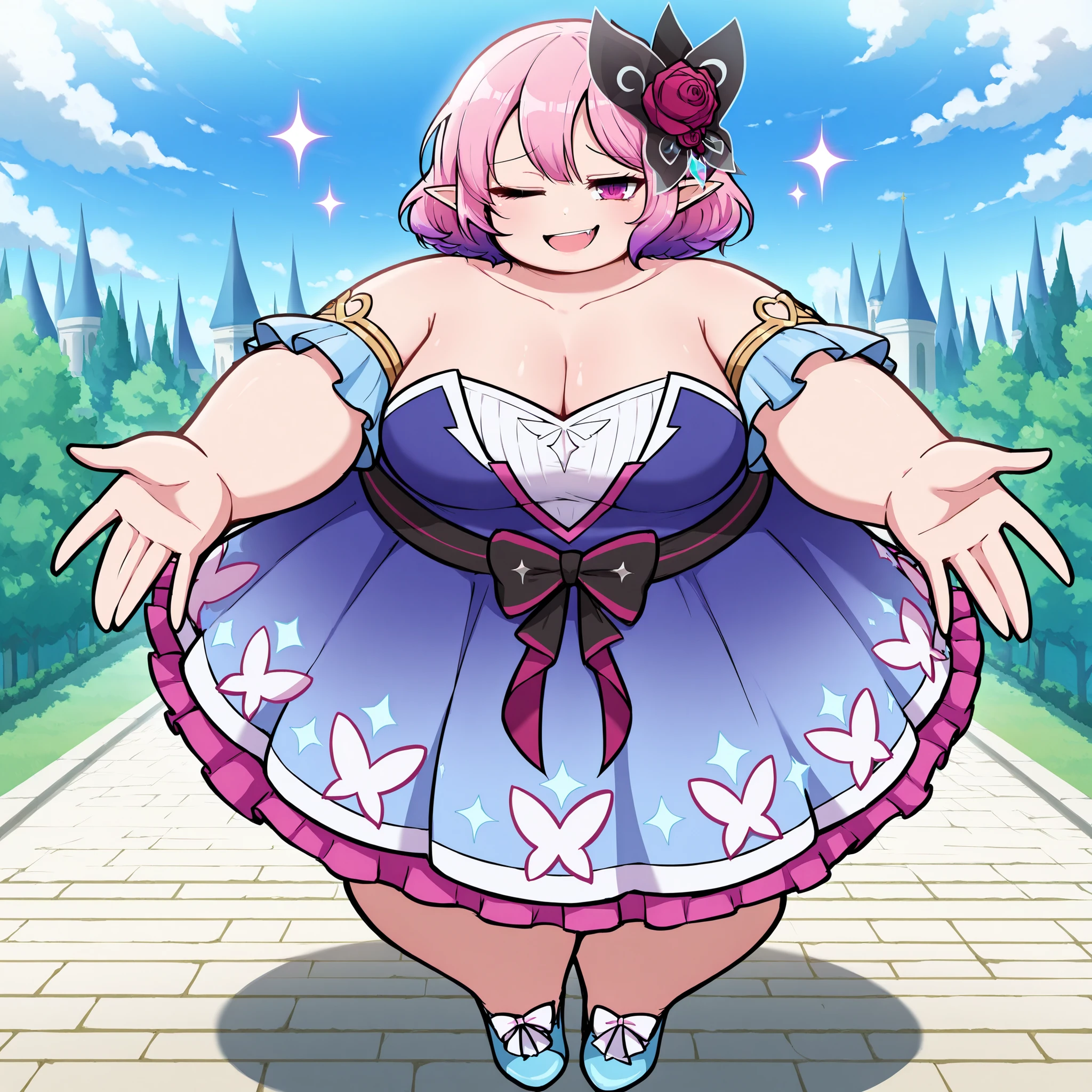 masterpiece, best quality, anime, 2d, 1girl, (anime screencap), (slender), (large breasts), solo, luc1didol
BREAK (gradient hair, pink hair, purple hair, pointy ears, short hair), outdoors
BREAK (blue dress, strapless dress, waist ribbon, black ribbon, pink ribbon, pink frills, frills, detached sleeves, bare shoulders, blue shoes, blue sleeves, short sleeves, collarbone, armlet, hair ornament, butterfly hair ornament, hair flower, rose,), wink, incoming hug, smile, sparkle,
BREAK (looking at viewer, full body, 1.2), (purple eyes, smirk)
BREAK , bokeh, luminescent background, fat, chubby, obese, gigantic arms and legs, large breasts open mouth, out of breath