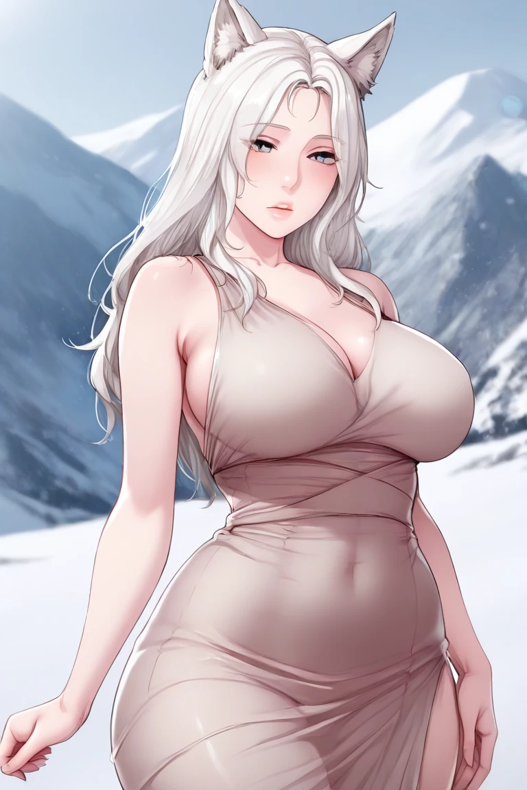 (1 girl), (Masterpiece), (Best Quality), ((looking at the viewer)), ((whole body)),((in front of the viewer)), ((dress that highlights your figure)), ((for white)), ((beautiful wedding dress))
In a serene alpine setting, on top of a snow covered mountain, a young woman stands gracefully. Her hair, as pure and white as freshly fallen snow, cascades down her shoulders in soft waves. His eyes, a striking shade of blue reminiscent of deep sapphires, reflect the clear, cool sky above. It is adorned with an elegant, Flowing white dress that flutters slightly in the mountain breeze.., accentuating her slender figure. The morning sun bathes her in a soft, golden glitter, highlighting the delicate features of your face: a serene expression that reflects the tranquility of its surroundings.. Your gaze is fixed on the panoramic view of steep valleys and distant peaks.., a scene painted with pristine snow and lush greenery under the vast, immaculate sky.