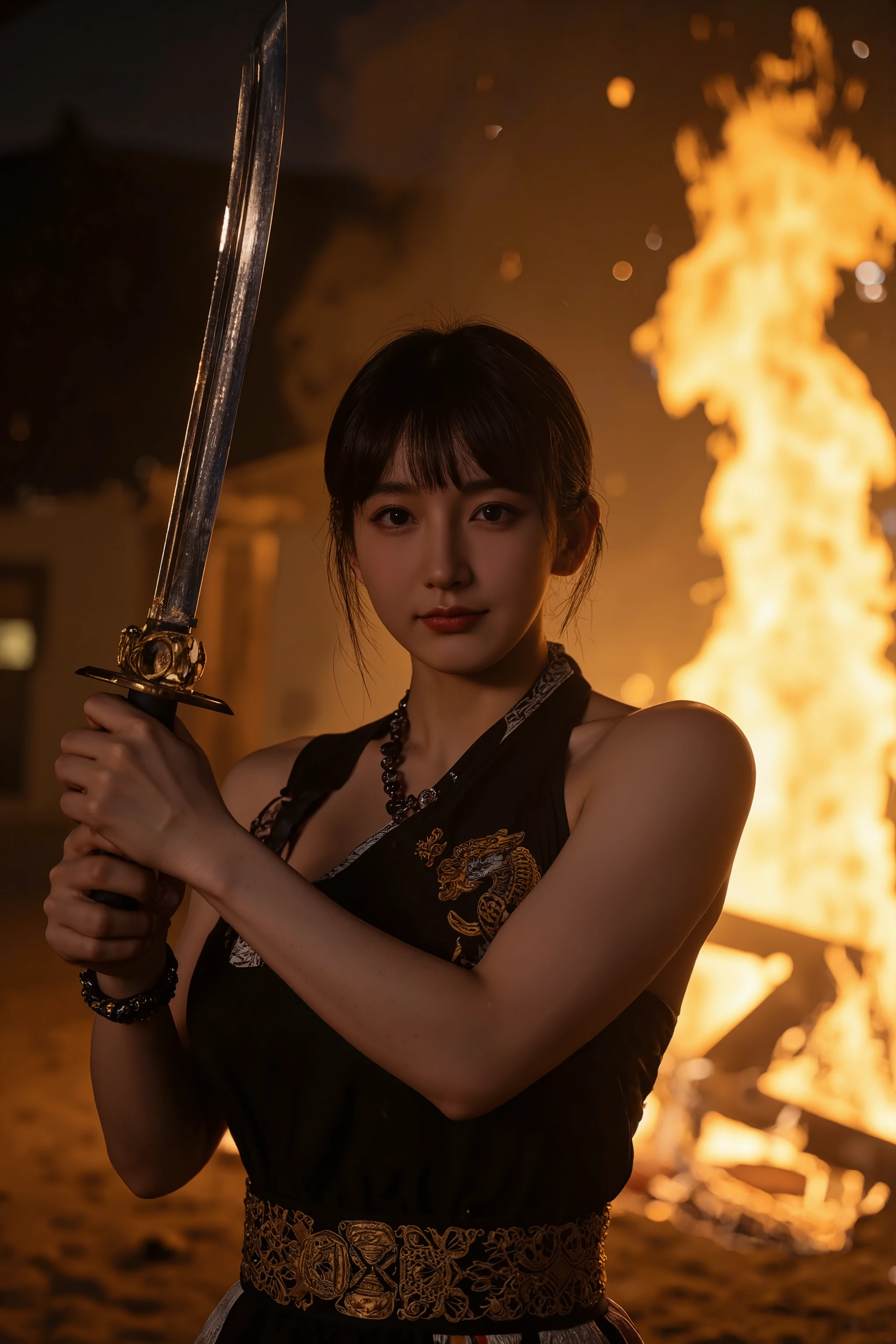 Very realistic everyday photos, beautiful Asian woman, (Smooth Straight Hair), Japanese style hair accessories, gentle eyes with a touch of sadness, moist eyes, Correct hand shape, smile, menguri, Black clothes, Brightly colored costumes, One shoulder is exposed, fusion of traditional Japanese kimono and armor, a waist belt with tiger embroidery, a necklace with magatama, an obsidian bracelet, Hold the sword in front of your face, a stance to draw a sword, a long Japanese sword that shines mysteriously, held in one hand and the other hand along the blade, a sheath with intricate goldwork on the waist, Cinema lighting, (Sweaty, soot stains), Standing in the midst of a blazing fire, Dragon-shaped flame, strong wind is blowing, (Sparks and soot fly),