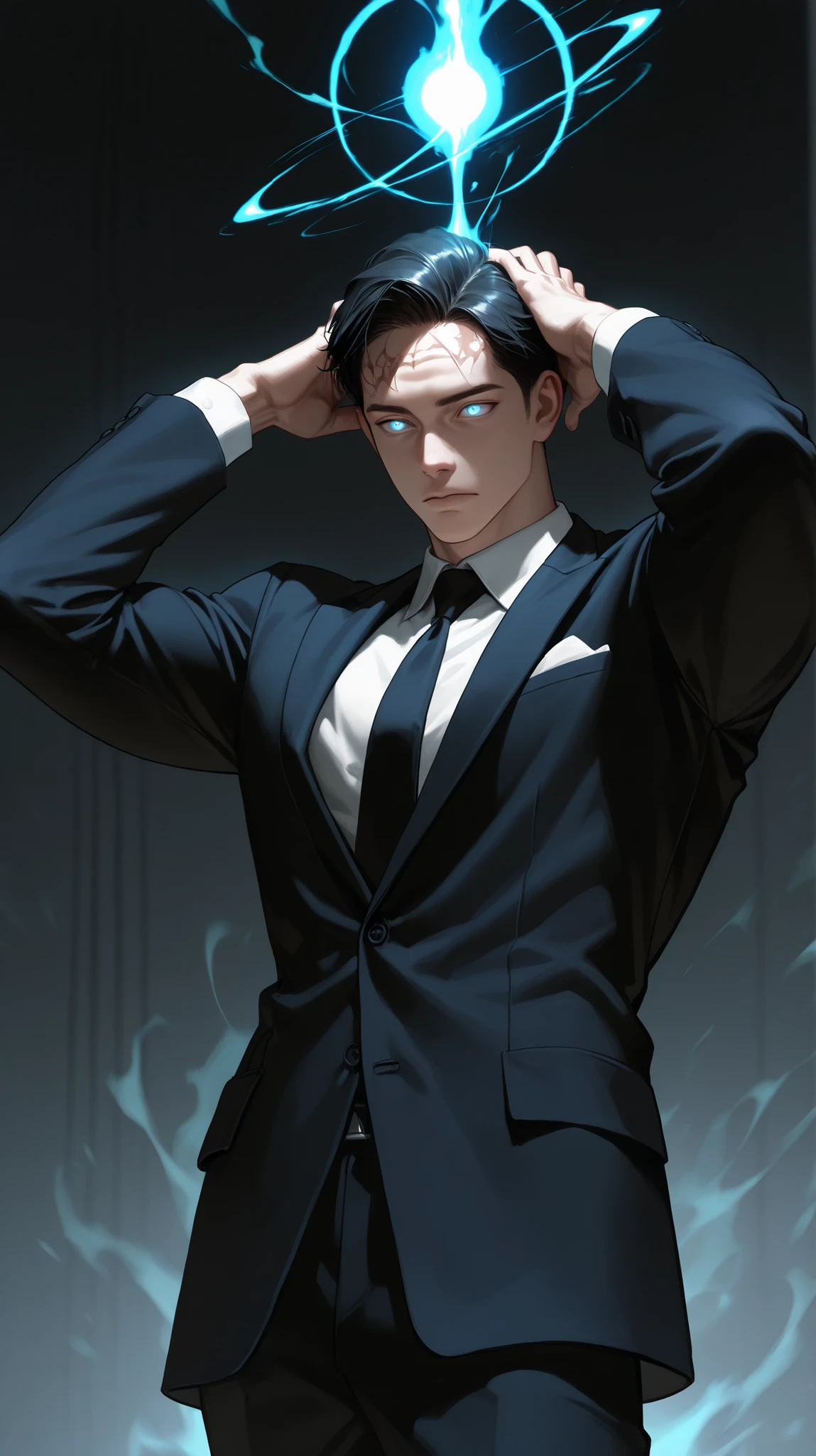 very aesthetic, 걸작, 고해상도, 8k 해상도, high contrast, (semi-realistic), newest, koreanai, best_quality, finely_detailed_eyes_and_detailed_face, (1 man, masculine), bald, muscular, tall_height, black_hair, expressionless, suit, telepathic powers, fingers near head, glowing eyes, psychic energy radiating from head, focused expression, energy ripple from forehead, floating slightly, psionic aura, mental wave effects, circular energy patterns around head, mystical glow, cinematic lighting