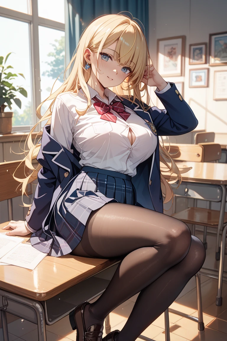 Marin Kitagawa, classroom, sexy, white shirt, white heels, black skirt, black pantyhose, red nails, red tie, fullbody, perfect body, detailed face, detailed eyes, large breasts, sitting on desk, (best quality,4k,8k,highres,masterpiece:1.2),ultra-detailed,high quality,intricate details,elegant,sensusl,vivid colours,seductive pose,smiling,mocking,blonde hair, look from below ,sucking finger, finger in mouth ,crossed legs,choker