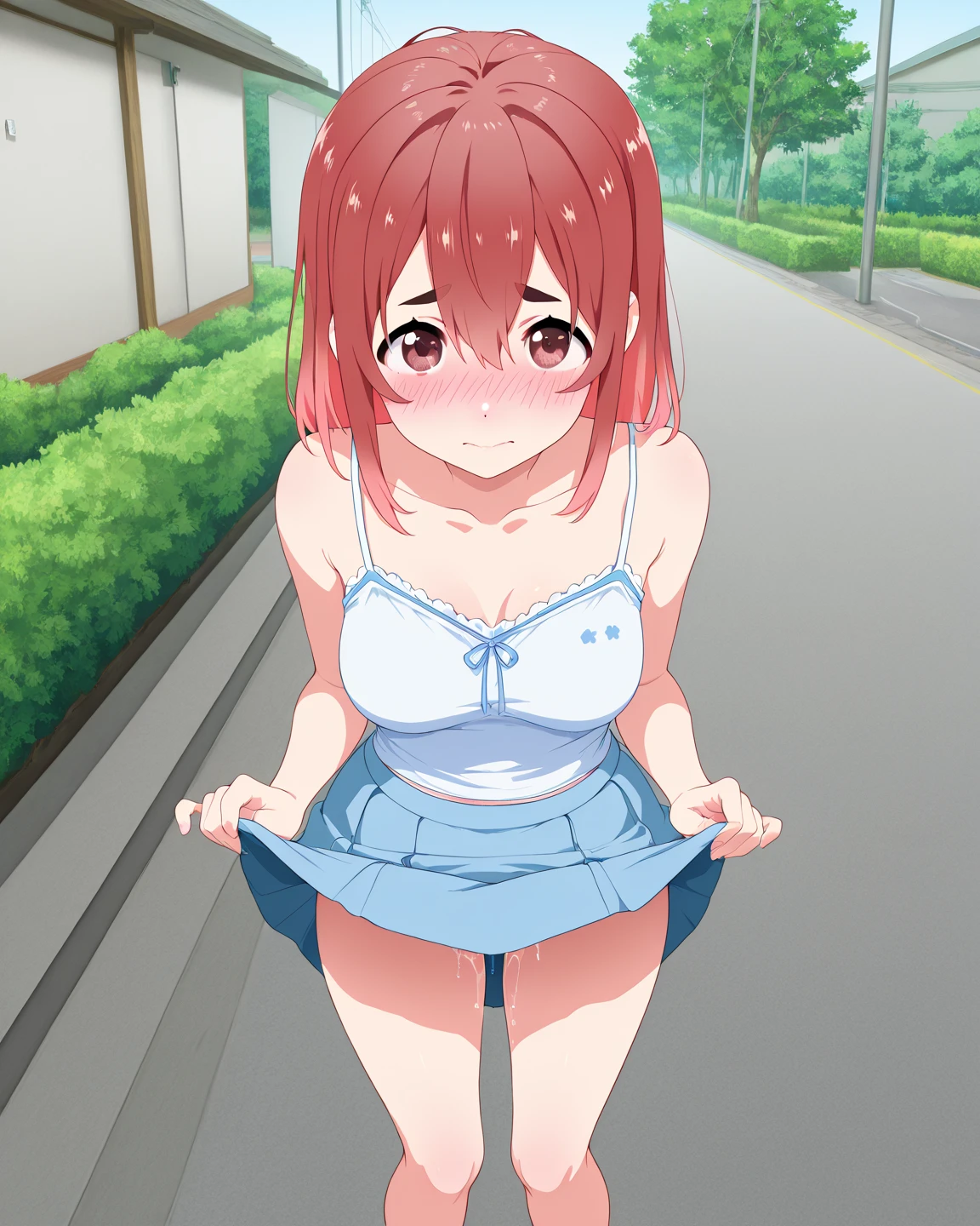 1girl, alone ,yuigahama Yui,((masutepiece, Best Quality, hight resolution, nffsw, Perfect Pixel, depth of fields, 4K, )), Beautiful anime girl, Beautiful Art Style, close up, Looking at Viewer, from the front, pov (from below),Perfect body, Full body, Pink hair, Short hair, Hair bun, large boob, black ruffle camisole, Sweat, Smile, arm up, in park, Sunshine, perfect hands, perfect anatomy