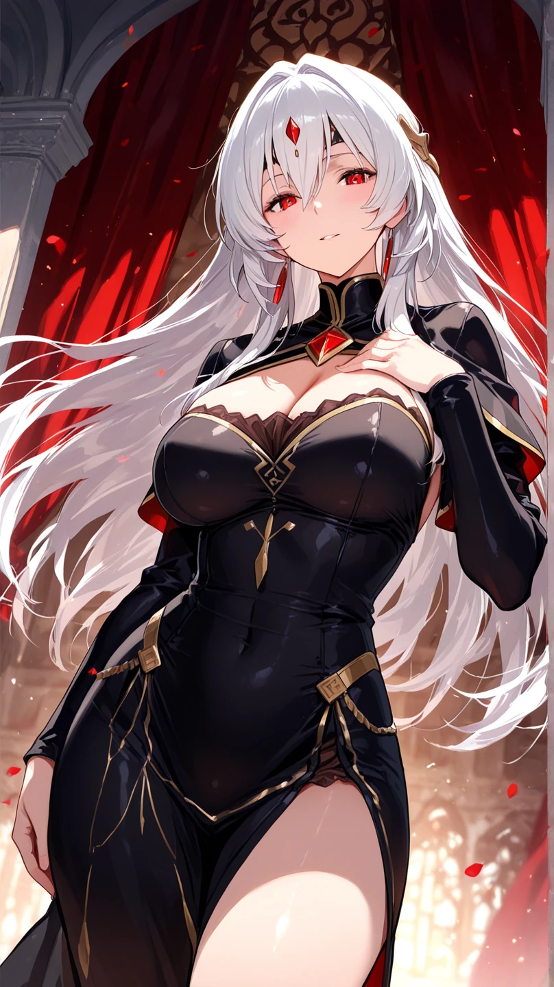 masterpiece, best quality, 1 solo girl, white hair, red eyes, long hair, medium breasts, sexy body and face, wavy hair, smile, parted lips, circlet, jewelry, bare shoulders, earrings, bridal gauntlets, sleeveless, black dress, bracelet, side slit, gold trim, red fur-trimmed cape, pelvic curtain, sleeveless dress, black footwear, turtleneck, long sleeves, castle, intdoors, sexy pose, cowboy shots, detailed body, face, and eyes, sharp focus, vibrant, creative, dynamic, high definition, high resolution, 8k, (Upscale: R-ESRGAN 4x+ Anime6mage enchance:4x), voluptuous body, cinema lightning, dakimakura style, looking at the viewer,