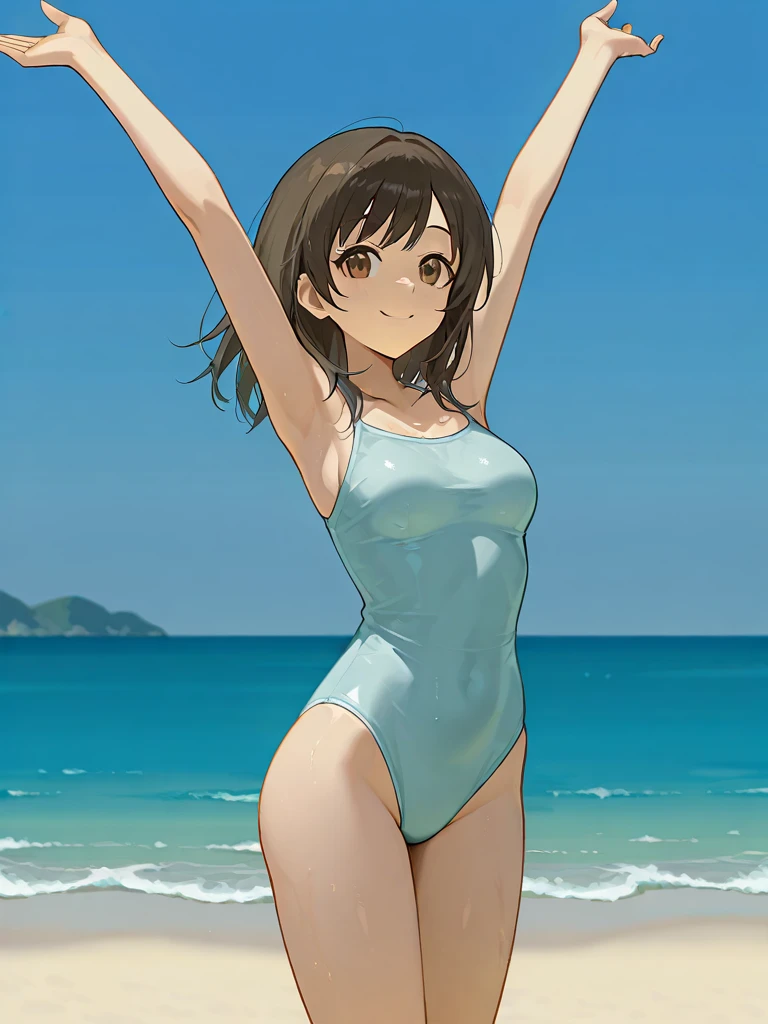 A young lady in a swimsuit standing on the beach