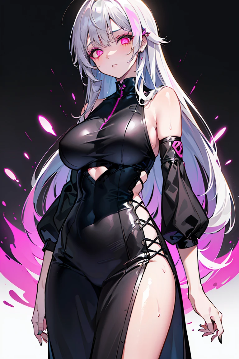 young girl, black skin, Long white hair with a pink parting, pink eyes, smirk, Vampire, White rich dress, Sleeveless, open breasts, Masterpiece, hiquality
