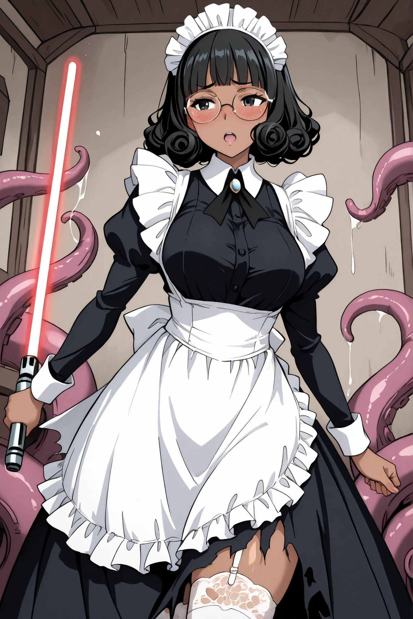 1girl and machine tentacles,beautiful girl,adult,18 years old,black eyes,black hair,masterpiece,general,highres, ultra-detailed,very aesthetic,best quality,best hands,best eyes,perfect anatomy,anime coloring,easynegative,dark skin,BREAK,Victorian Maid,sel-frame glasses,round glasses,curly hair,blunt bangs,emmbarrassed,blush,open mouth,holding,lightsaber, machine tentacles,whole body,full length,melted torn clothes,white thighhighs,