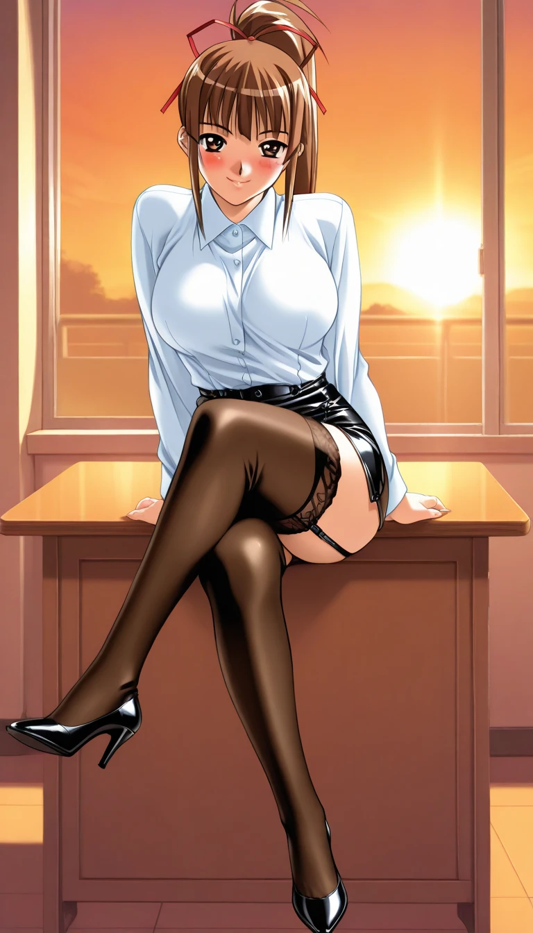 (masterpiece:1.2, highest quality), (realistic, photorealistic:1.4), beautiful illustrations, (natural side lighting, movie lighting), Depth of written boundary,(((back view)))、
looking at the viewer,Front view, 1 female, mature woman, 50 years old, everyday wear、Aunt、perfect face, symmetrical face, shiny skin, 
Knitwear in random colors、random hairstyle、Big eyes, droopy eyes, long eyelashes、beautiful thighs、tall、beautiful hair, beautiful face, fine and beautiful eyes, beautiful clavicle, beautiful body, beautiful breasts, beautiful thighs, beautiful feet, beautiful fingers, 
((fine fabric texture)), smile、tilt one&#39;s head、
(beautiful scenery),(bedroom background), Are standing, (smile),  (((skirt lift, Panties and pantyhose are visible)))