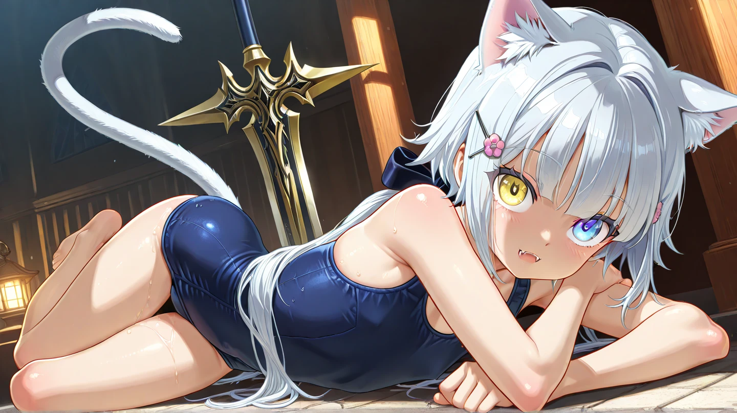 Koneko tojou, cat girl, white hair, yellow eyes, cute face, whiskers, on all fours with your ass stuck out, looking at viewer, paws pose, completely nude, nsfw, small breasts, flat chest, highres, ultra-detailed, ultra-fine painting, (best quality,4k,highres,masterpiece), artistic style,subdued colors, vivid colors, professional lighting, detailed lips, detailed eyes.