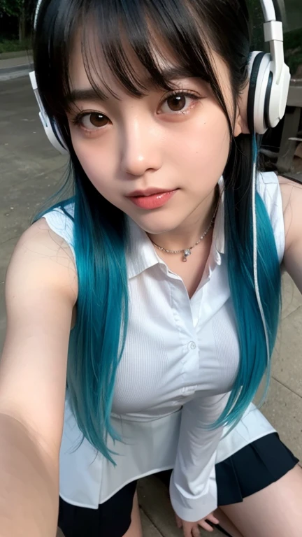 un primer plano de una persona con auriculares y gafas, bella delfina, jaeyeon nam, gafas gruesas, muchacha coreana, con gafas, sun yunjoo, con pelo azul, contraction transmitter, korean idol, pelo liso azul cielo, heonhwa choe, vibraciones de anime, pretty girl con pelo azul, e-chica, and - girl