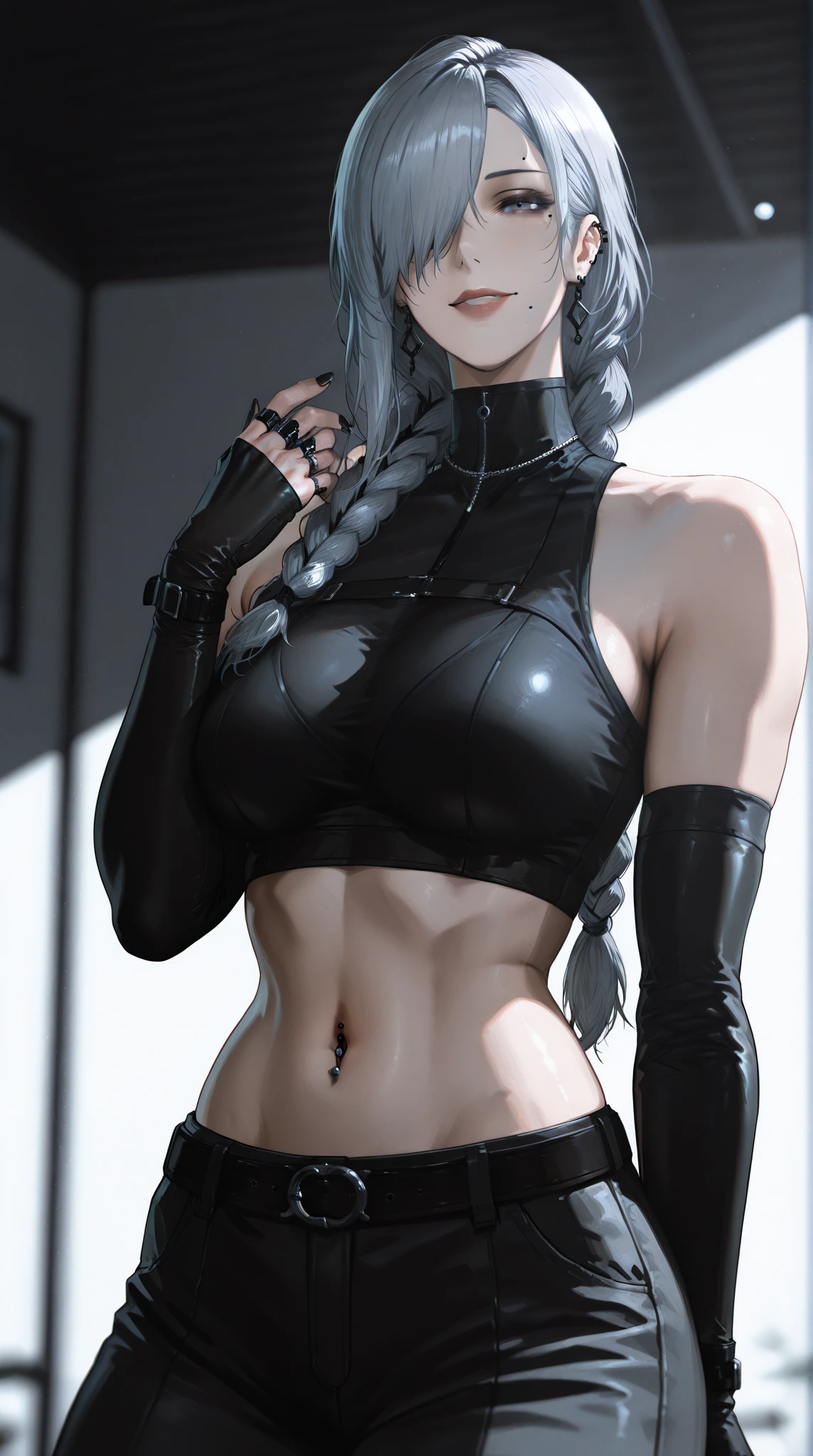 ninja, black ninja suit, pretty face, serious face, white hair, green eyes, perfect body, fit body, big breasts, muscular, black mouth mask,