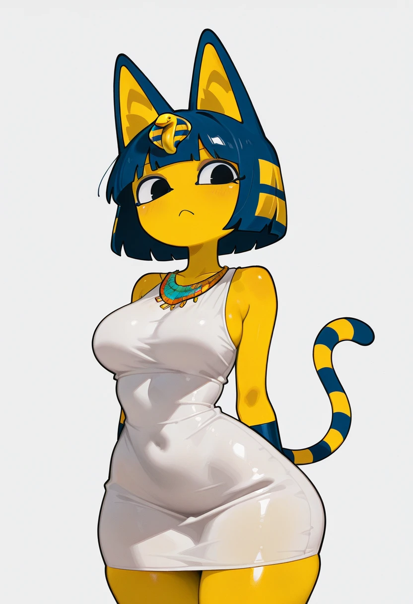 ankha, anime style, catgirl, cat ears, yellow fur, blue hair, blue cat tail, yellow stripes tail, shorts hair, wide hips, thick thighs, huge round ass, medium breast, business suit, formal suit, white shirt, long sleeve black formal suit, black necktie, black strict trouser, secretary pose, office, absurdres, high res, ultrasharp, 8K, masterpiece, looking at viewer