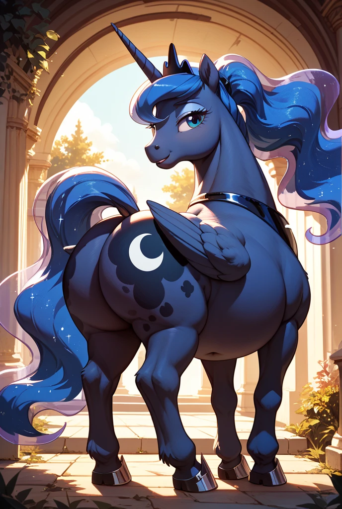 (((my little pony))), solo, ((red hat girl costume with bows)), beautiful pony body, ((seductive perky big butt)), behind view, (((shining armor))), ((4 legs)), radiant lighting, vibrant colors, whimsical atmosphere, 8K, high resolution, highly detailed, masterpiece, (glossy body), (all oiled)