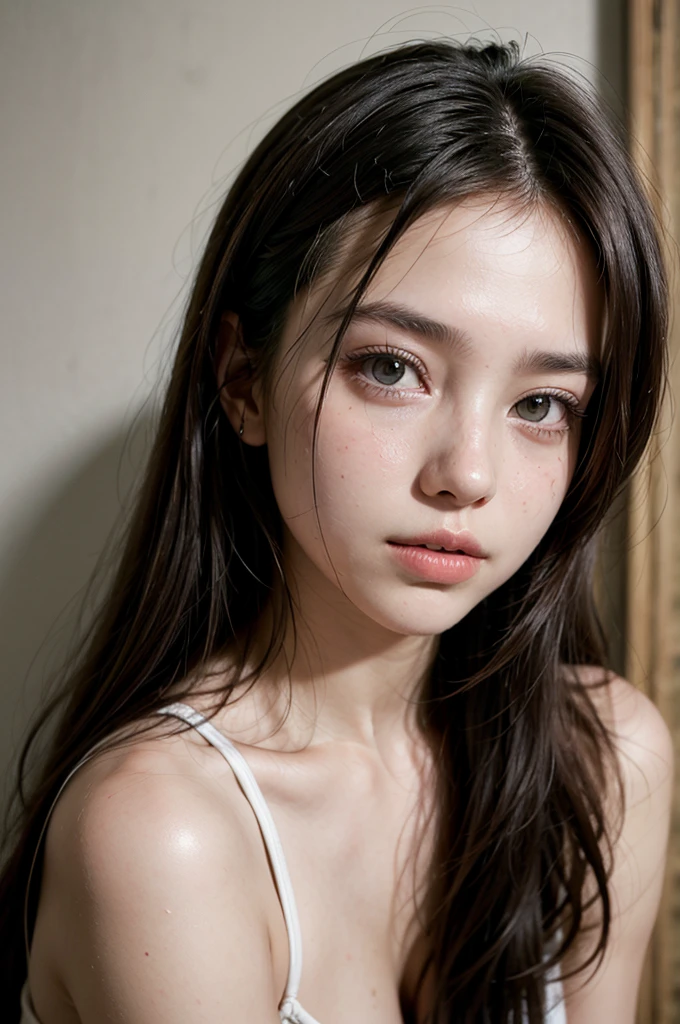 (Photorealistic),(High resolution close up), chest to head portrait of girl, Ultra detailed skin, centered subject with simply dark background, deepshadow, beautiful lightning, award - winning photo,、flat breast、tiny chest、small tits、(Small bust:1.2)、Small bust、 (Very small、flat、small tit)、Soft belly、white panties、full bodyesbian、White see-through camisole