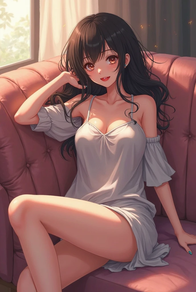A lady sitting with her legs open anime