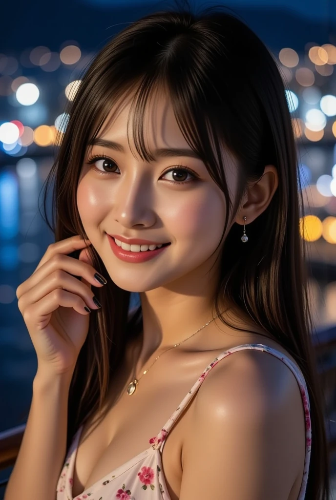 8K, Ultra-high resolution, Highest quality, masterpiece, 三分割法によるphotograph,Surreal, photograph, 1 girl, (16 years old:1.3), pretty girl, Cute face, Beautiful eyes in every detail, 細かくdetailedに,masterpiece,, One Girl:1.2, Japan Female Announcer,whole body,Young Wife, (night, (Neon Signs), (Blurred Background),Sequined fancy dress,Slutty Makeup,Bright red lipstick,A carefree smile,Healing the heart,Black hair bun,Looking at the audience、beauty,Long neck、Laugh a little、Please close your mouth and laugh、(((Ideal body type))),A-cup small breasts :2,、Portraiture:2、Perfect Anatomy、鮮明なdetailed、detailed、Surreal、Light and shadow,Strong light
