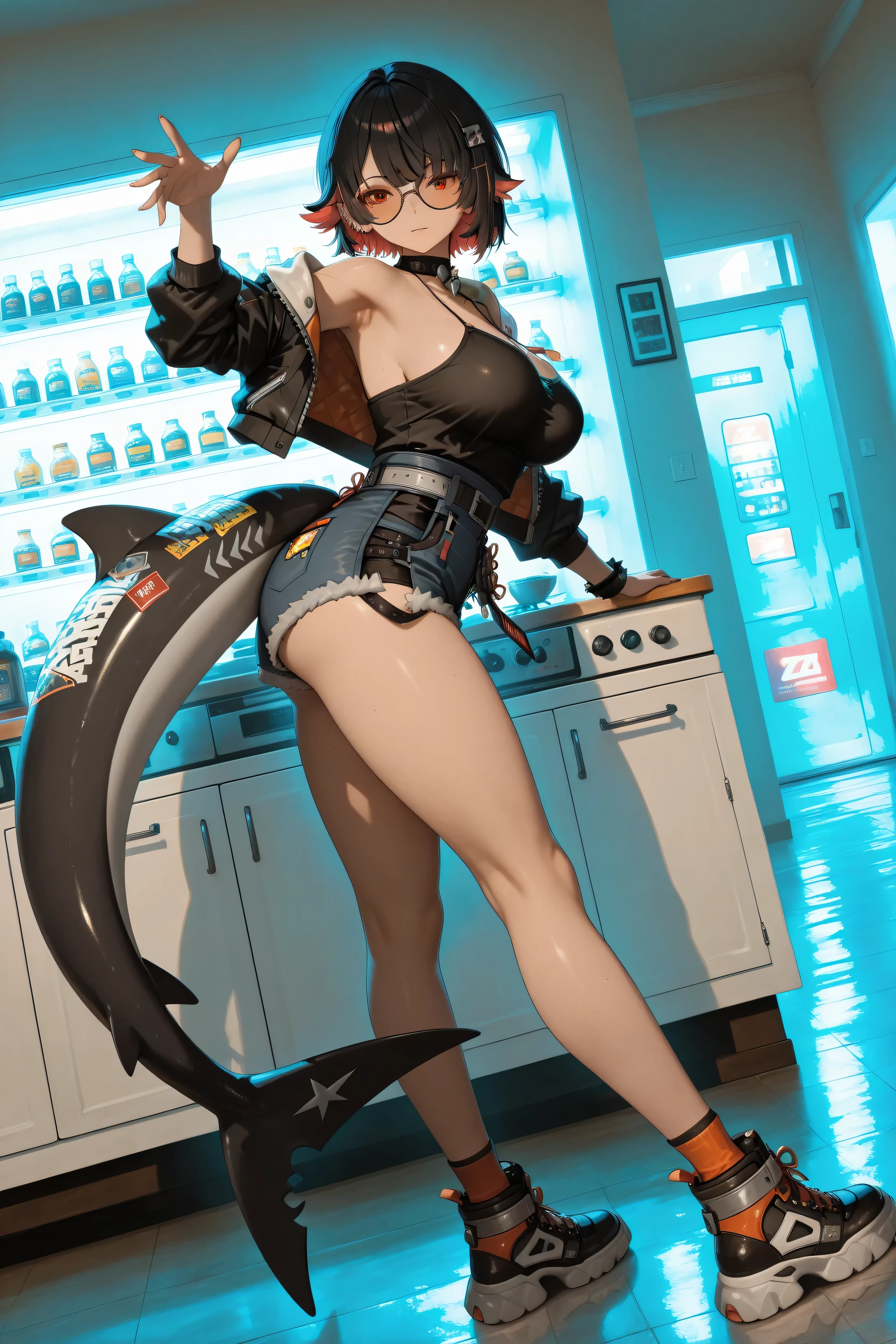 (best quality:1.2, masterpiece, correct anatomy). a realistic image, extremely sharp focus, crisp details, high resolution, 4K, 8K. low light, cinematic lighting, dramatic lighting. 1girl, solo. side view, dutch angle, long shot. dynamic pose, full body. a detailed, high quality rendering of ellen joe Zenless Zone Zero. wears beautiful, detailed round eyeglasses. wears a string camisole, jacket and shorts. she has a beautiful big breasts. has a beautiful face details, a beautiful detailed red eyes, short hair, black hair, red streaked hair, black shark tail, armpits, detailed five fingers, real human skin texture, her expression is gentle. kitchen, preparing a food, japanese white radish, natural shadow, the background has highest detail, detailed background, depth of field.