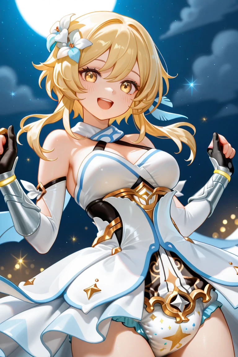 masterpiece, best quality, very aesthetic, absurdres, newest,1girl, wariza, masturbate, one_hand_between_legs ,open_mouth, saliva, tear in eyes,,embarrassed, ,lumine_(genshin_impact),genshin_impact, 1girl, black_gloves, blonde_hair, breasts, cleavage, detached_sleeves, dress, flower, gloves, hair_flower, hair_ornament, medium_breasts, short_hair_with_long_locks, sidelocks, sleeveless, sleeveless_dress, vambraces, white_dress, white_flower, yellow_eyes,,in space