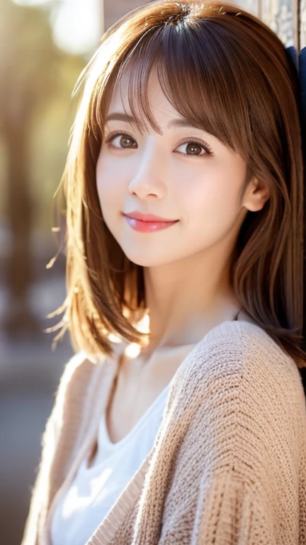 Beautiful black eyes、dual、natural skin textures:1.8, realistic eyes and face details:1.7、middlebreasts、in 8K,Best Quality:1.4, 超A high resolution:1.5, (Photorealistic:1.4),​masterpiece:1.2,(top-quality:1.4)、 Raw photo、 (the background is blurred), Girl in 1, Cute, (Solo:1.4), (Shy smile), 、 (Brown medium hair,Bangs),nogizaka,Beautiful body, Full body background、cute  face、Realism、real looking skin、Breast E Cup,A sweater that fits perfectly to emphasize the chest