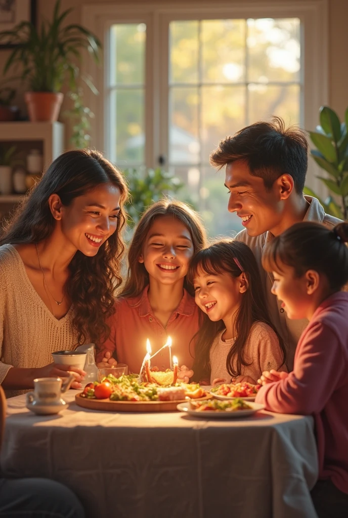Make me a picture of a family of 2 adults and 2 children praying before eating
