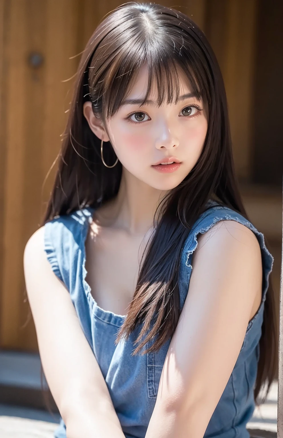 Very young Japanese,Dusty Blue Short Sleeve Rib Knit,big breasts,Black Hair,Long Hair,Soft lips,Fine skin,(Glowing Skin),(masterpiece:1.4),(Highest quality:1.4),white background,medium close-up shot,standing posture,from side,looking away