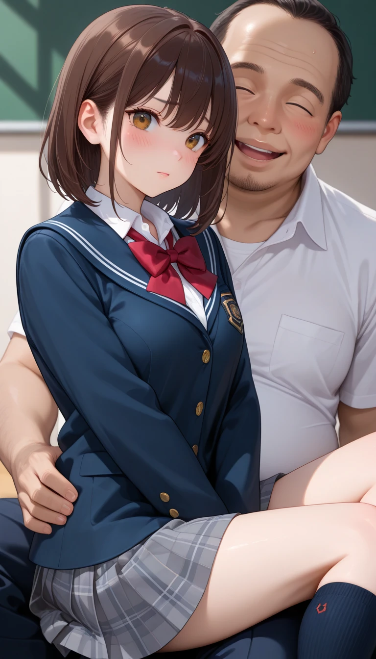 (​masterpiece:1.4)、(1male people:1.9)、1girl、15 years old,(:1.2),high school student,beautiful girl,(short ponytails:1.2),akb48,nogizaka46,sailor suit,high ,(A father is touching his delicate girl's crotche:1.9)、student clothes、a closeup、Lying in bed、Father touching the crotch of delicate girl、(Cute 15-year-old delicate girl with semi-long hair and 50-year-old father with short hair)obscenity:1,2、Metamorphosis:1,2、NSFW:1,2、caress:1,2、Wrinkles between the eyebrows、Touching each other's crotches、red blush、toppless、White panties、Dark blue pleated mini skirt、tre anatomically correct,(small breasts:1.2),(skinny:1.2),(fullnude:1.5),nipple,(have a dildo in hand:1.5),dildo,sextoy,
