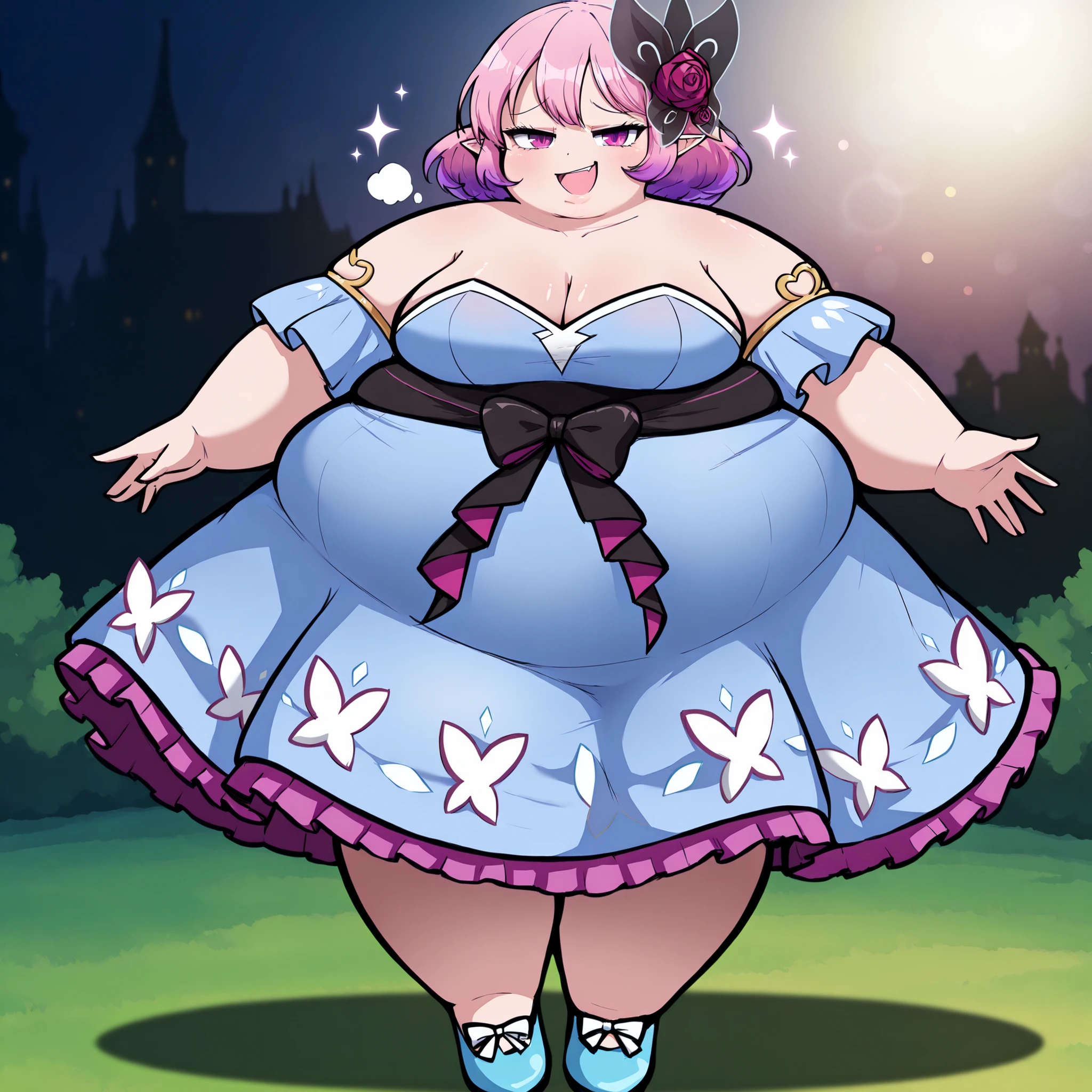 masterpiece, best quality, anime, 2d, 1girl, (anime screencap), (slender), (large breasts), solo, luc1didol
BREAK (gradient hair, pink hair, purple hair, pointy ears, short hair), outdoors
BREAK (blue dress, strapless dress, waist ribbon, black ribbon, pink ribbon, pink frills, frills, detached sleeves, bare shoulders, blue shoes, blue sleeves, short sleeves, collarbone, armlet, hair ornament, butterfly hair ornament, hair flower, rose,), ,, sparkle, smug, hands on side, from behind,, smile, open eyes wide,
BREAK (looking at viewer, full body, 1.2), (purple eyes, smirk)
BREAK , bokeh, luminescent background, fat, chubby, obese, gigantic arms and legs, large breasts open mouth, out of breath