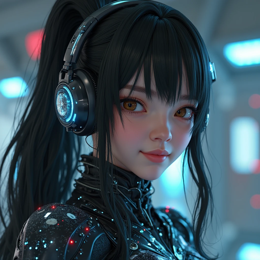 wallpaper, illustartion, poster, photographic, realistic, 1woman, flat_breasts,cute,beautiful detailed eyes, shiny hair, videogame warrior, gamer, futuristic headset, jumpsuit with neonlighting applications, Black_hair, long hair, straight hair, blunt bangs, green_eyes, vampiric smile, weightlessness, Side light, reflection, The person is at the bottom left of the frame, ghostly hologram of her in the upper right corner of the screen, Reflected light from the sun, Silver metal, brilliance, diffuse reflection, Metallic texture, magnificent, background: bioluminescent bubbles of different sizes, blurry dark purple background, steam, lightbeams, prismatic effects, steamy clouds, fog with particles, smoke, abstract, wallpaper, motion, animation
