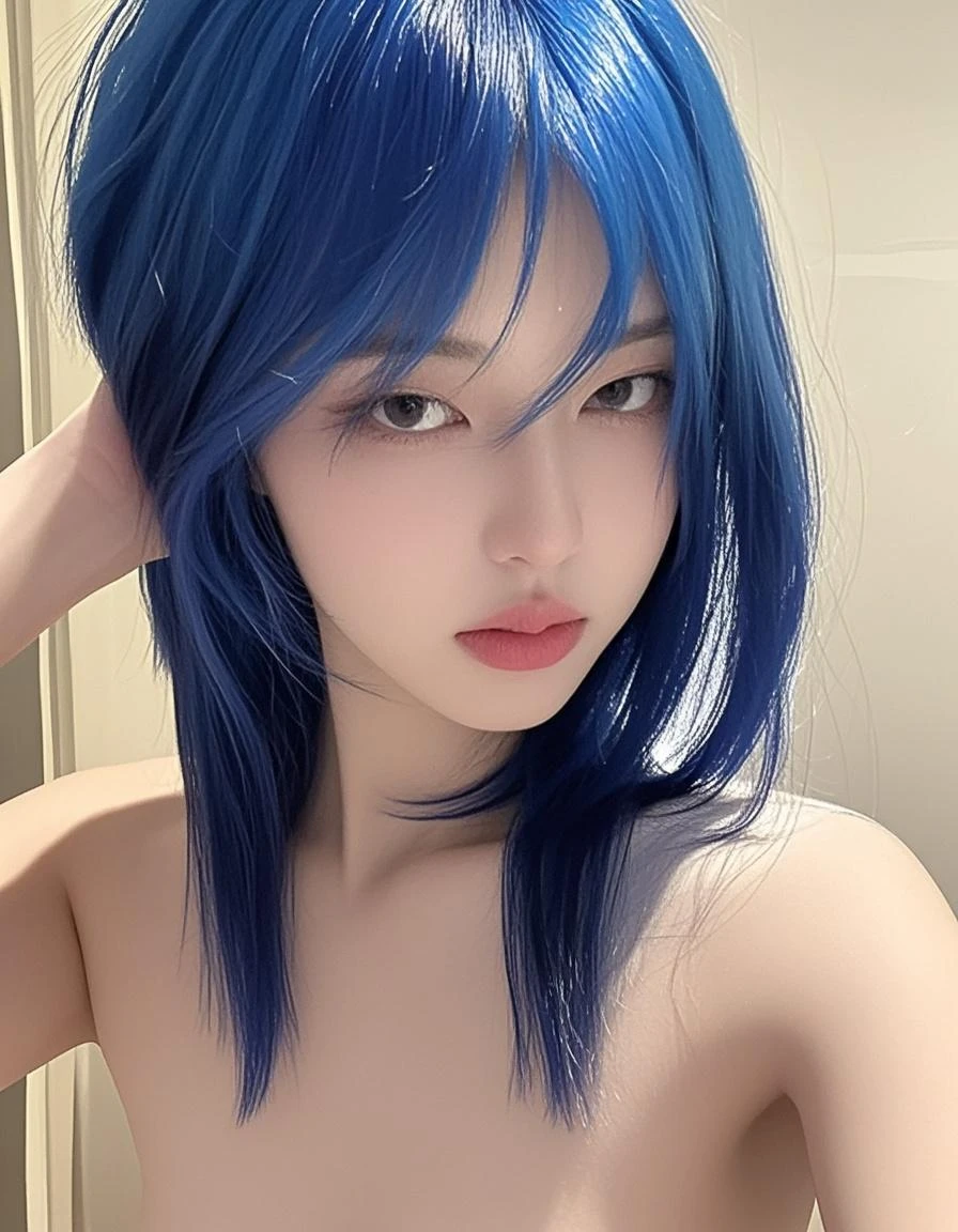 8K, Top Quality, Intricate Details, Ultra Detail, Ultra High Resolution, Masterpiece, close up shot, shot from behind, (Looking back), standing, Slender, Smile, blue  hair, (Makeup: 0.4), (Fluffy red Eyes: 1.21), red eyes, 1girl, solo, 1 girl, (( full body)), close up shot, ((Blue hair, bangs, long hair)) , ((tall)), (((fit body))), (((slim face))), sharp face,  )),  (detailed face), sharp face,  small lips, ass up , ,
 ((,naked )),  detailed face, detailed breast, , large breast, huge breast, detail ass, Narrow Waist, Skinny, , Muscular, , Pointed Chest, detail ass,large ass , Beautiful girl , Bust Botox, Big, Perfect Body, detail leg, (( dark background)), black background,
