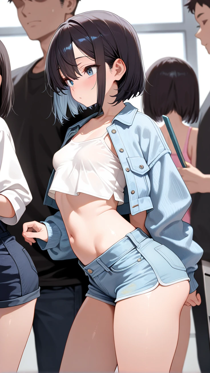 1 girl, women, 1 face, standing, (girl in skinny tight navy jeans), (long jeans), (navy jeans), ((jeans ass)), slim, slender, , (short bob cut), ((black hair)), bangs, nose blush, full opened eyes, round mouth, drool, orgasm, (white hoodie), (((embarrassed))), hard sweat, big ass, ahegao, detailed girl’s face, blue eyes, train interior, crowded train, girl hold on to a strap, (girl’s arms up), pov, japanese, detailed jeans, ((molestation)), (((woman put hands on girl’s crotch))), detailed cloth, high quality, small breast