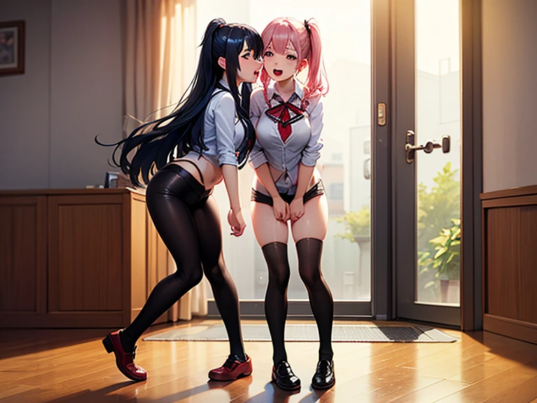 Two women are climbing the stairs side by side, wearing navy blue blazer uniforms., by 2 person, beautiful little ass, mini skirt, panties, underwear, (shiny light blue satin panties:1.3)、(shiny light pink satin panties:1.3)、横紐レースpanties that cover the butt、Liar, Thighhighs,garter belt, The wind is blowing up my skirt , think back, realistic,Angle from the back, Two-dimensional beautiful girl