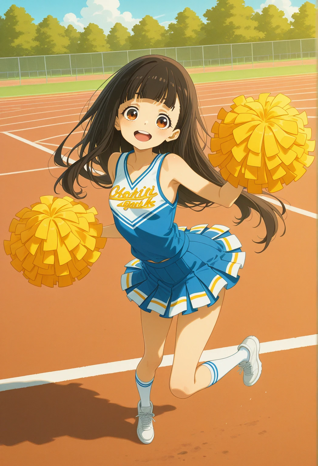 Beautiful female cheerleader、(Blue bloomers:1.2)、(Blue Shirt)、(Blue Skirt:1.4)、smile、whole body、Full Split Leg、(Open your arms:1.2)、(High Jump:1.2)、stage、Masterpiece、anime、Ultra-detailed、High Detail、Leg spread、jump、Sky Background、Gradient Background、cloud、From below、Slim figure、Ultra-high resolution、Detailed Background、masterpiece、Anatomically correct、Perfect Arms、Perfect hands、Perfect Fingers、