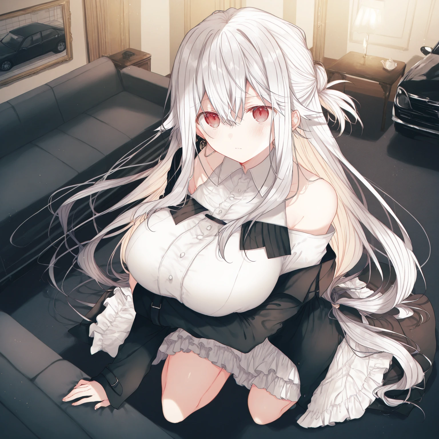 Skadi(Arknights),white long hair,peach skin,curvy body,wears visible dress, sitting on couch, smiling slightly.