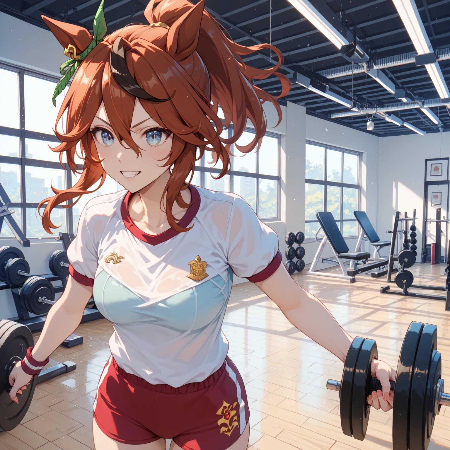 Aston Machan\(umamusume\), ((Highly detailed face)), Symmetrical face, Beautiful Face, masterpiece, Highest quality, Sporting goods, Horse tail, smile, Sweat, Gym, thin, logic, 腹logic, big , dumbbell、big胸